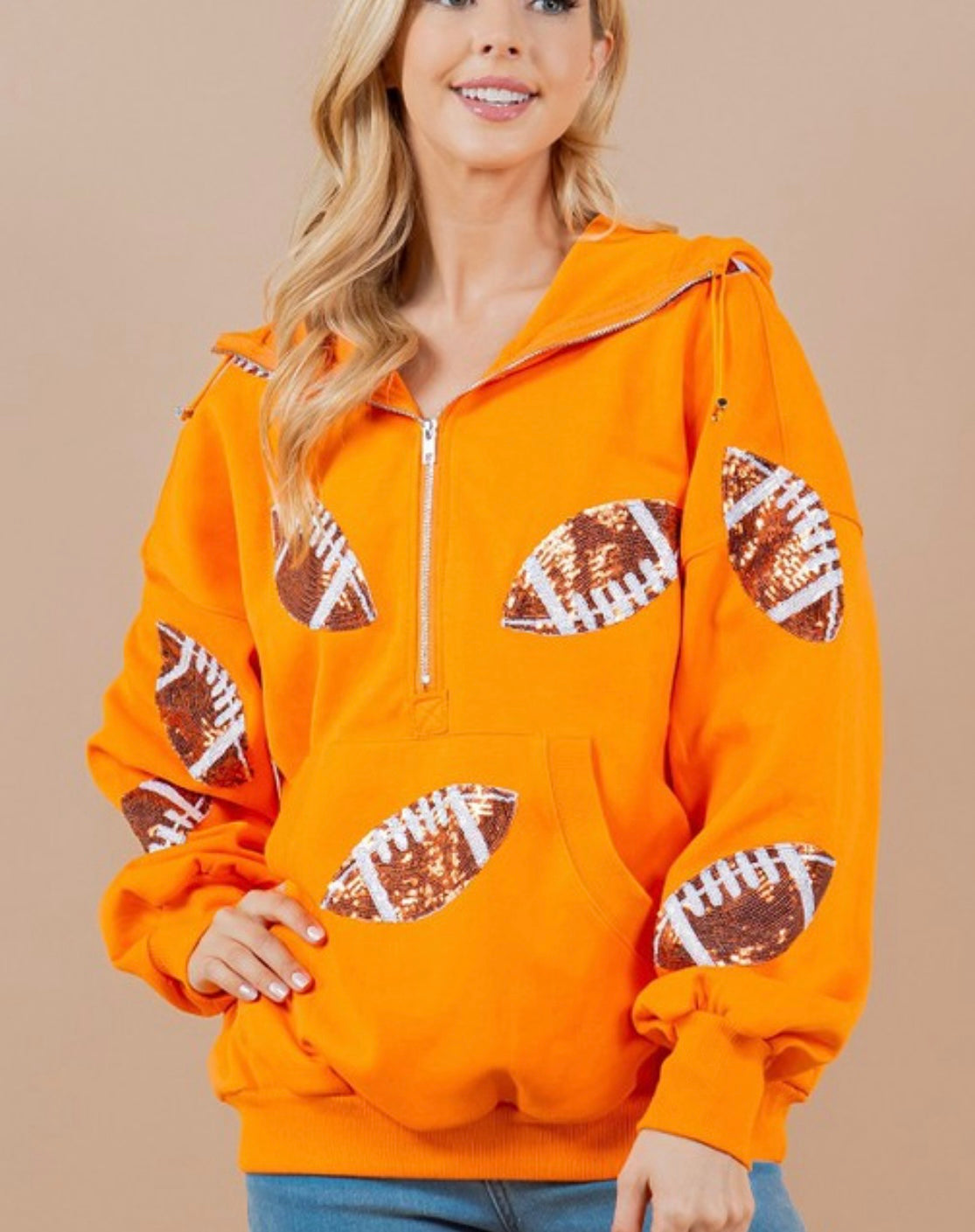 Football Sequin Orange Hooded Half Zip