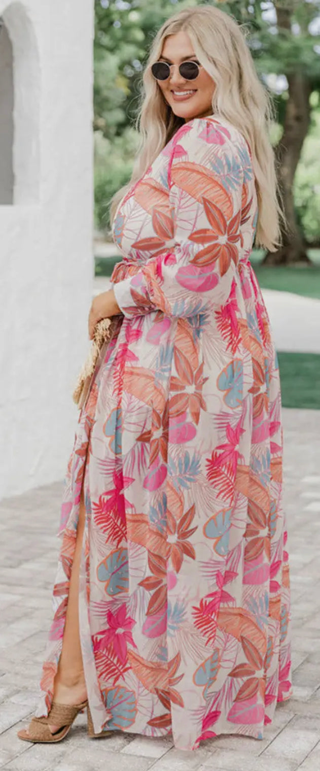 Tropical Palm Print Tie High Waist Plus Size Maxi Dress