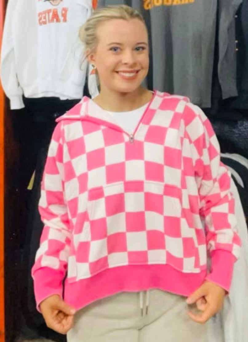 Pink Checkered Half Zip Pullover