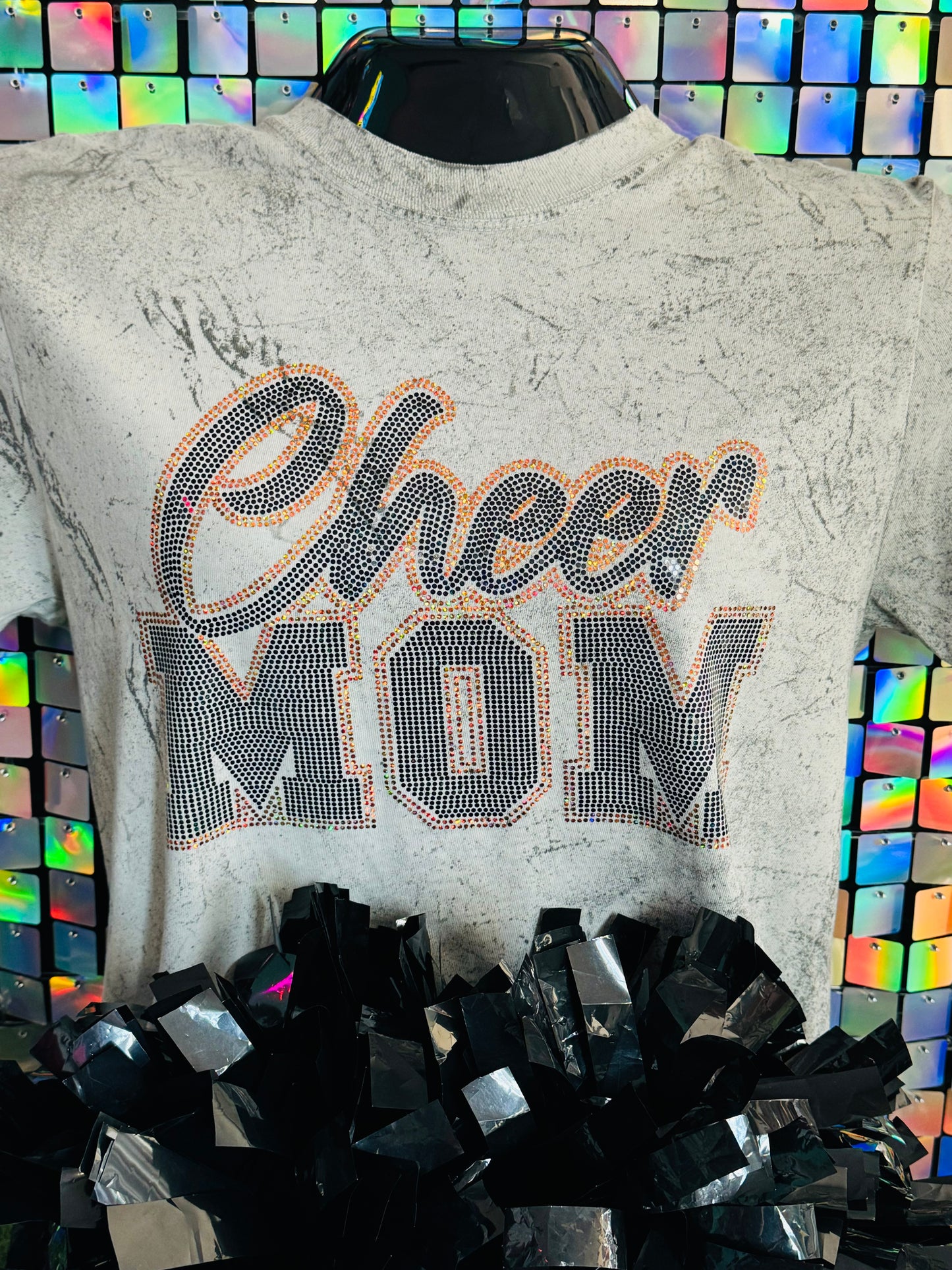 Spangle Cheer Mom CC Acid Wash Tee. Orange Outline with Black fill.