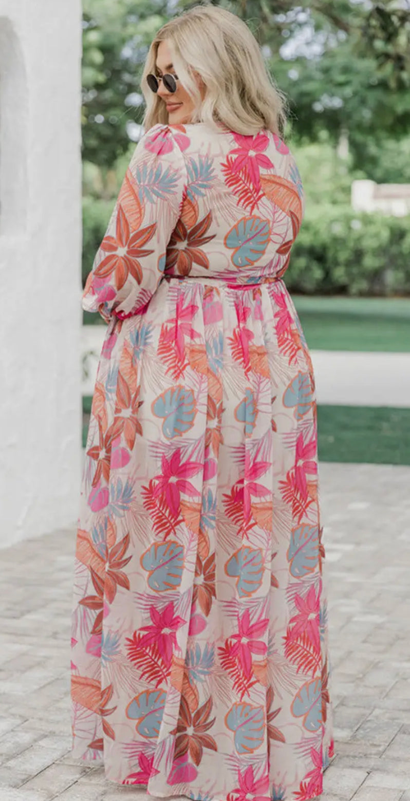 Tropical Palm Print Tie High Waist Plus Size Maxi Dress