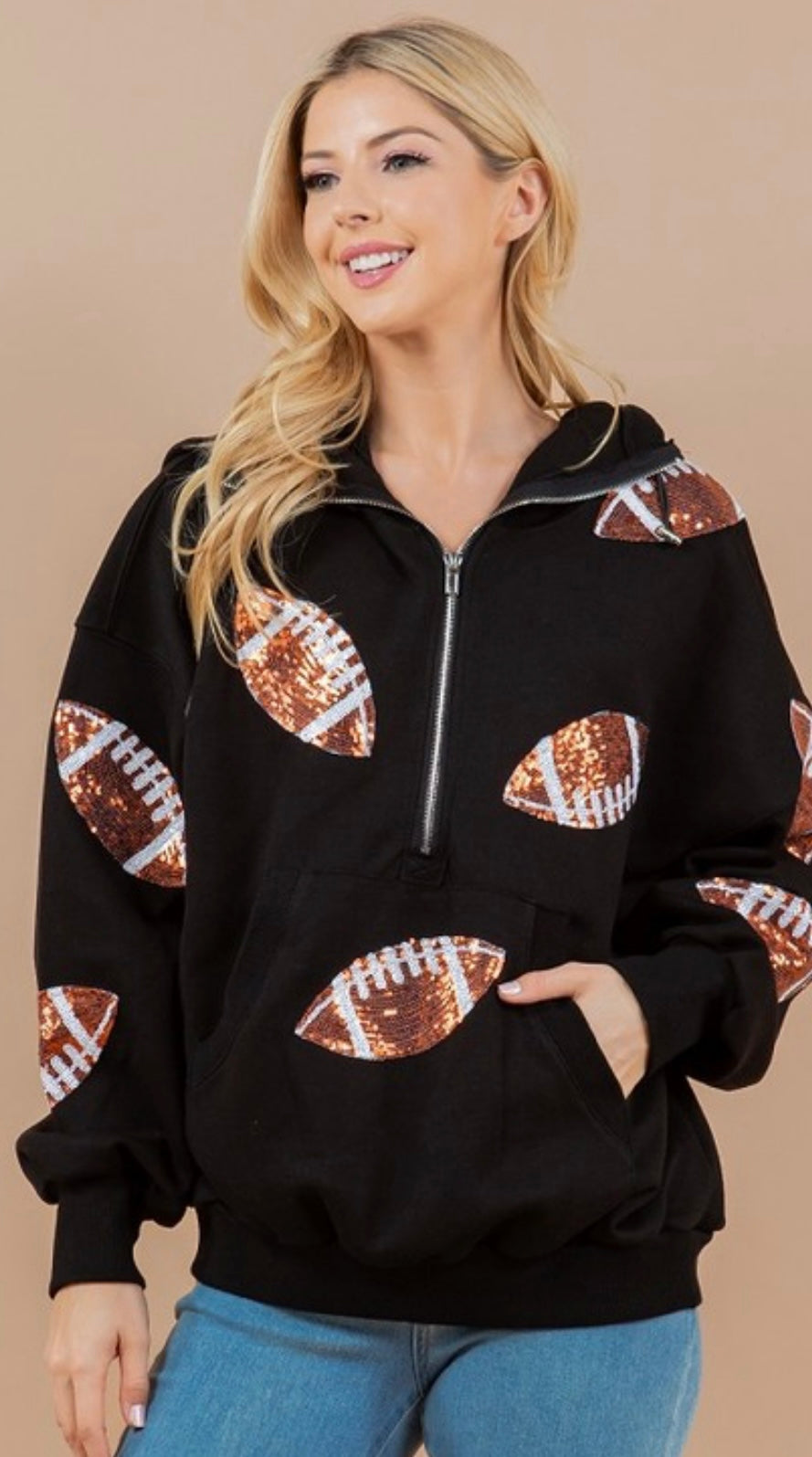 Black Football Sequin Half Zip Hoodie