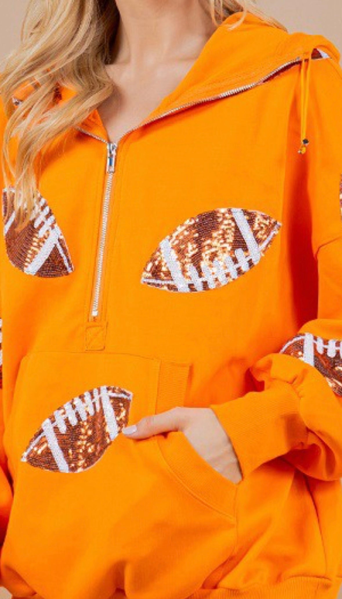 Football Sequin Orange Hooded Half Zip