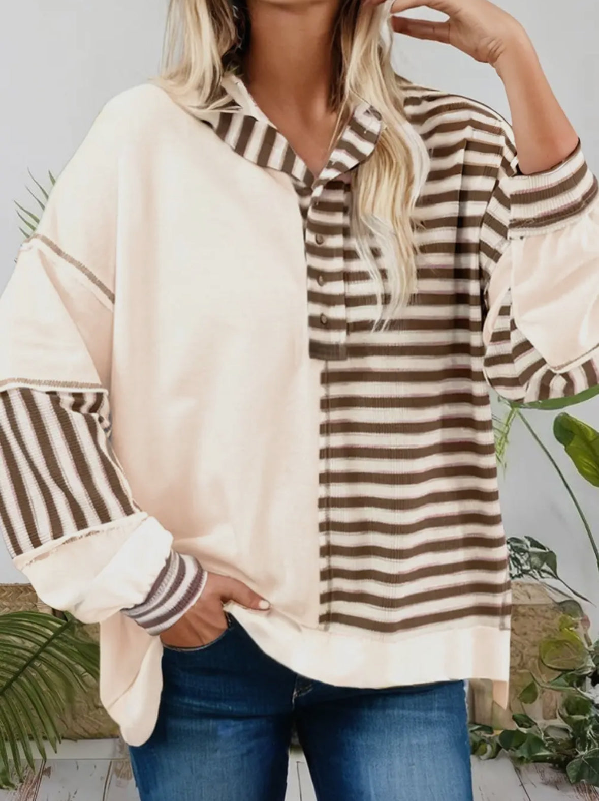 Stripe Patchwork
Buttoned Drop Pullover Top