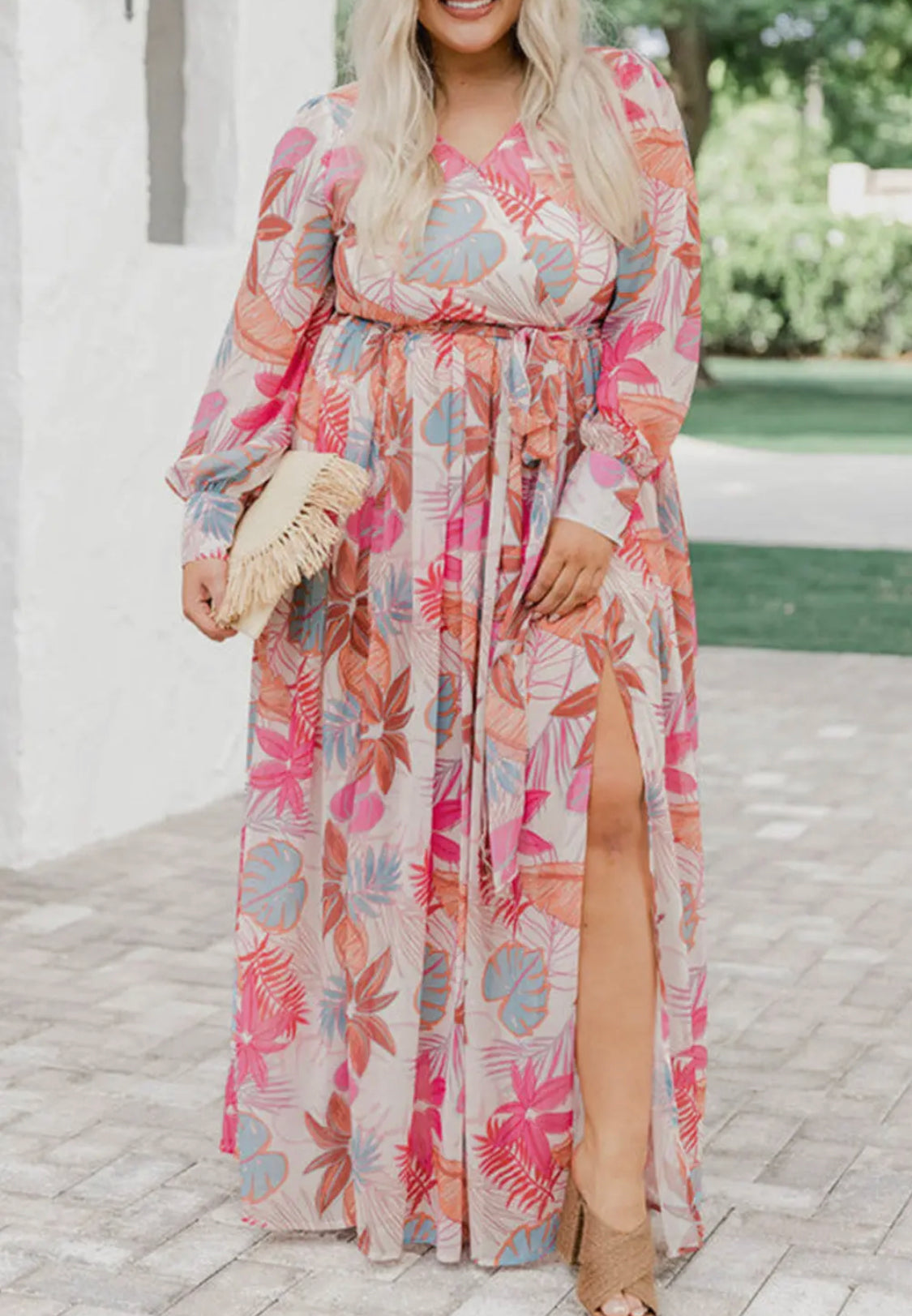 Tropical Palm Print Tie High Waist Plus Size Maxi Dress