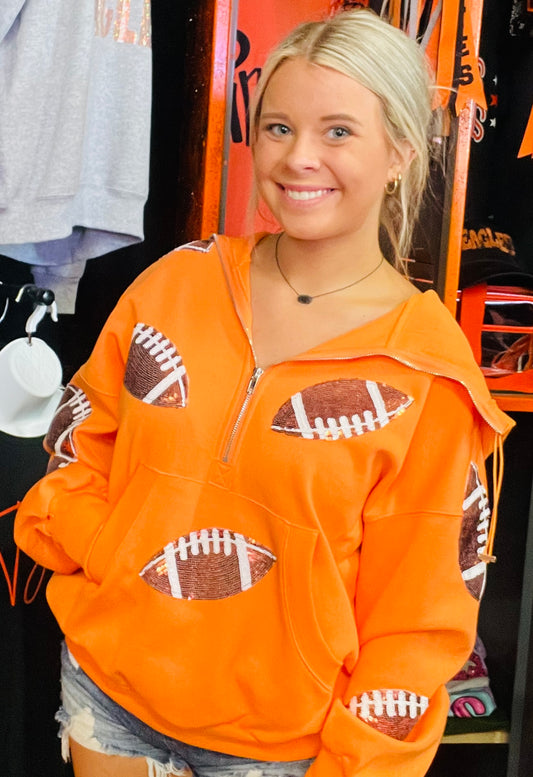 Football Sequin Orange Hooded Half Zip