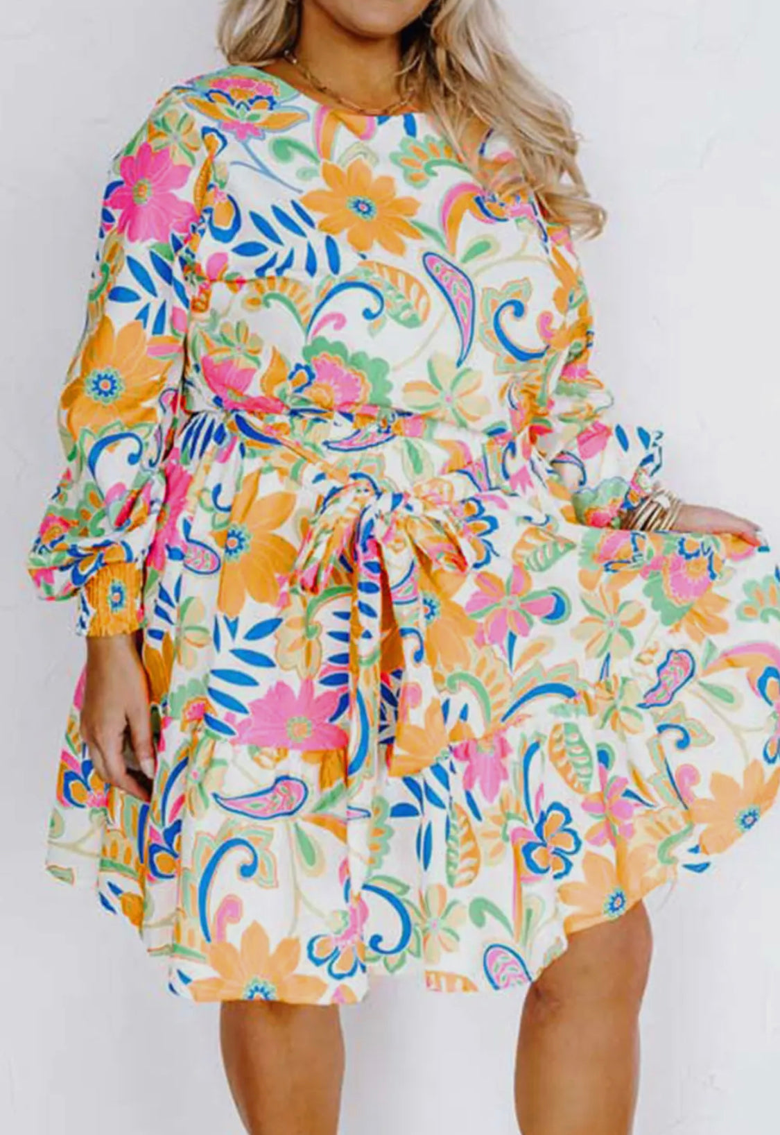 Paisley Floral Print Belted Plus
Size Dress