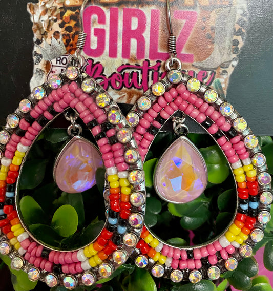 Pink Beaded Rhinestone Earrings