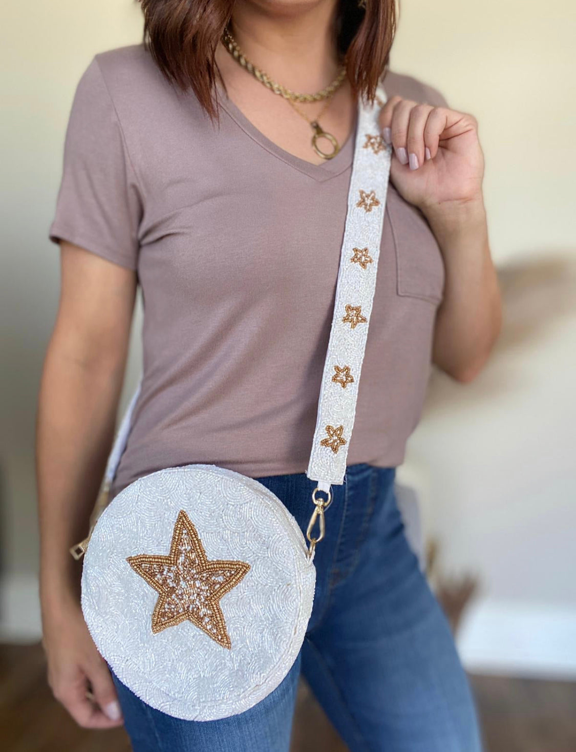 Gold Star White Beaded Purse