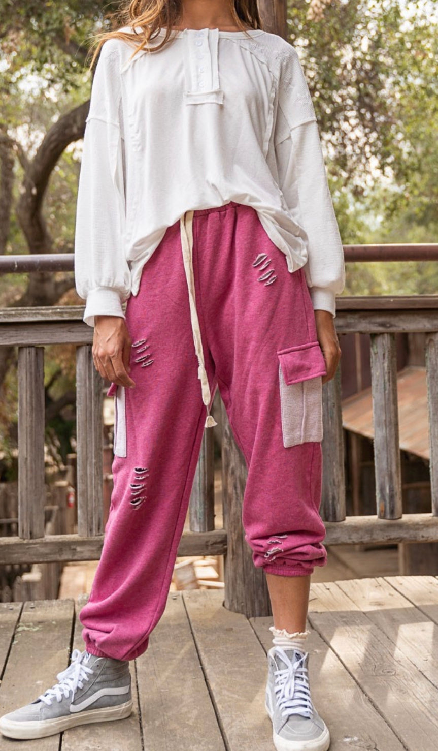 Pink or Gray Cargo Pockets Distressed Joggers