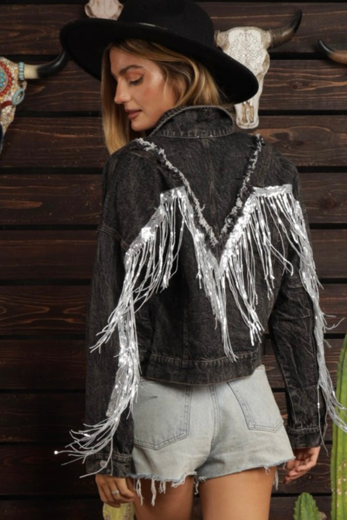 Fringe Embellished Distressed Denim Jacket