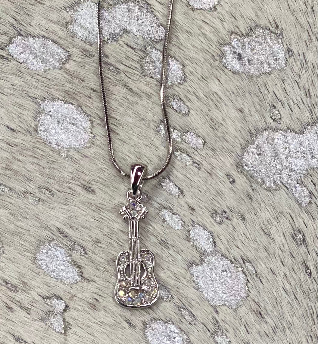 Guitar Silver Rhinestone Necklace