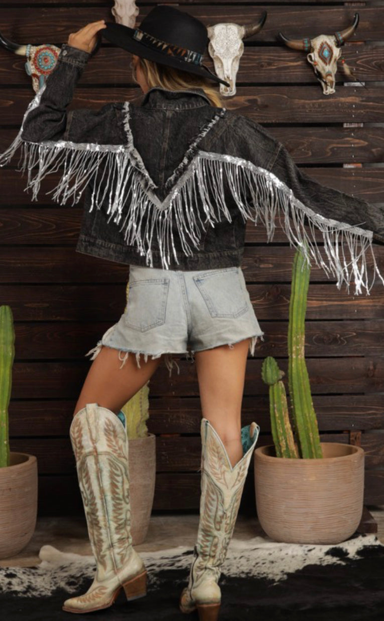 Fringe Embellished Distressed Denim Jacket