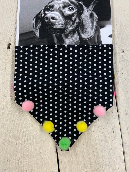 Black Dots With Poms Small Doggie Bandanna